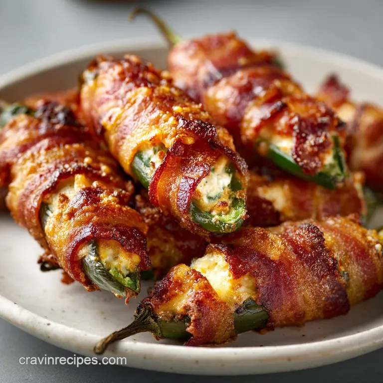 Crisp bacon-wrapped popper halves, creamy cheese visible, elegantly arranged with fresh herbs on a white serving plate.