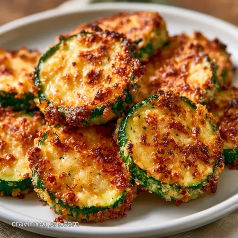 Neatly stacked toasted vegetable rounds with a bubbling cheese crust on a modern white plate with a lemon wedge.