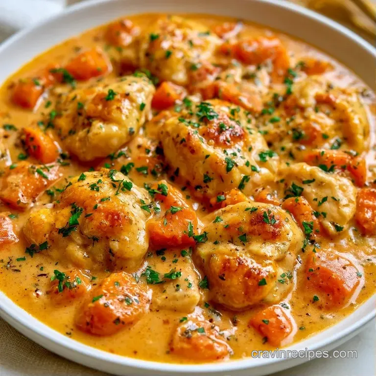 Elegant white bowl of velvety cream stew with pillowy dough, bright orange carrots, and fresh green herbs.