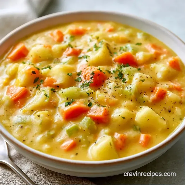 Elegant white bowl of rich cream soup garnished with crispy bacon crumbles and a sprig of fresh garden parsley.