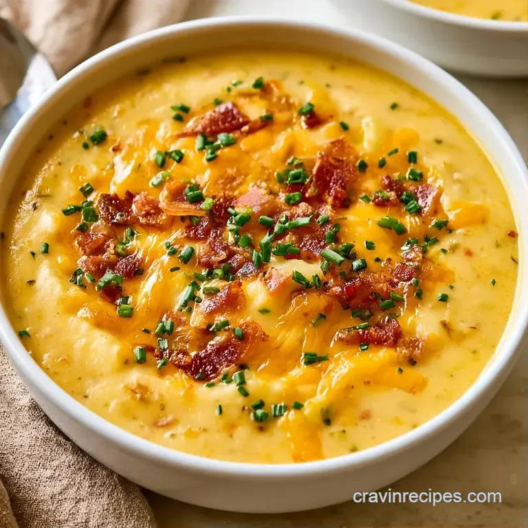 A white ceramic bowl of thick white soup topped with melted orange cheese and bacon, set on a rustic wooden tabletop.