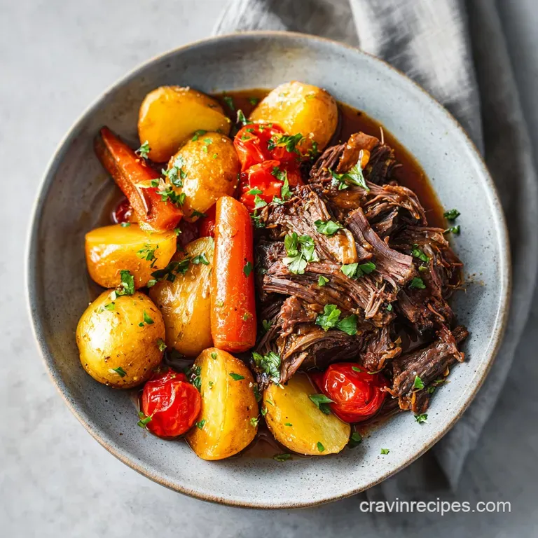 Juicy pot roast served over creamy mashed potatoes, with gravy drizzled over, garnished with fresh parsley sprigs on a whi...