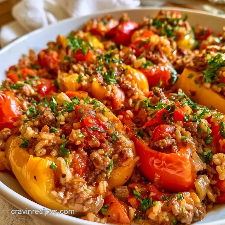 Two colorful bell peppers on a white ceramic platter, accented by a drizzle of sauce and a sprig of fresh thyme.