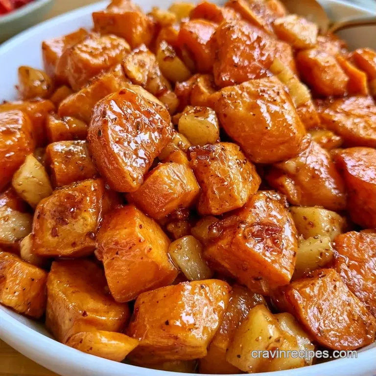 Vibrant orange potato rounds drizzled with glistening amber syrup, arranged neatly on a minimalist white plate.