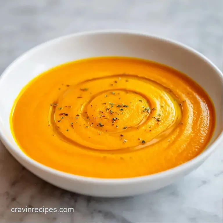 Velvety orange puree in a white bowl topped with toasted pumpkin seeds and a delicate swirl of coconut milk.