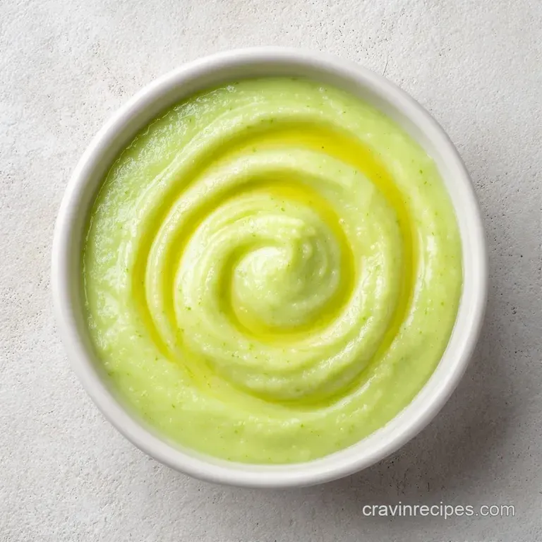 Smooth, light green puree in a modern bowl topped with a drizzle of golden olive oil and a sprig of fresh parsley.