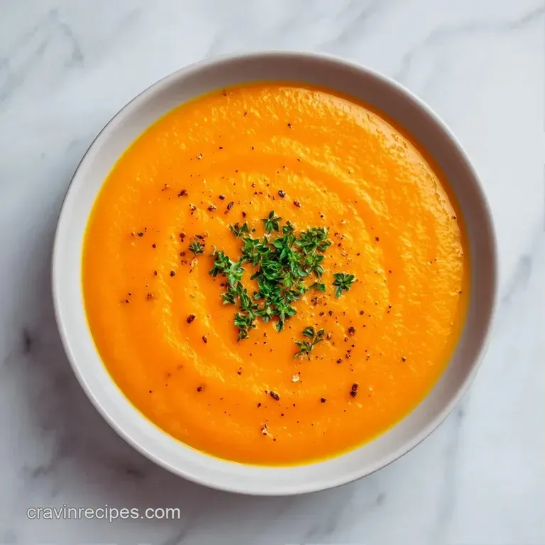 Silky golden-orange soup in a white bowl topped with a drizzle of cream, fresh microgreens, and cracked black pepper.