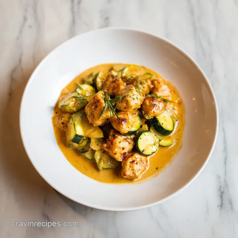 Slices of tender chicken and bright green zucchini served on a white plate with a drizzle of creamy white sauce.