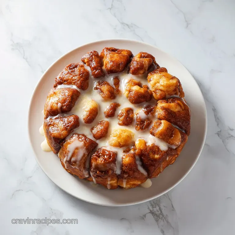 Warm, sticky monkey bread arranged on a rustic wooden board, dusted with powdered sugar and garnished with pecans.