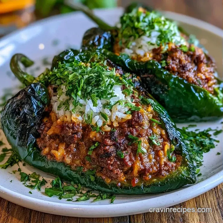 Three roasted green peppers filled with savory meat and melted cheese, drizzled with cream on a slate board.