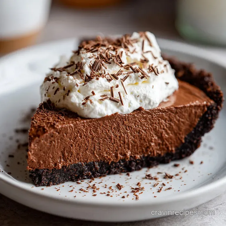 A single slice of rich chocolate pie on a white plate, drizzled with whipped cream and a raspberry.