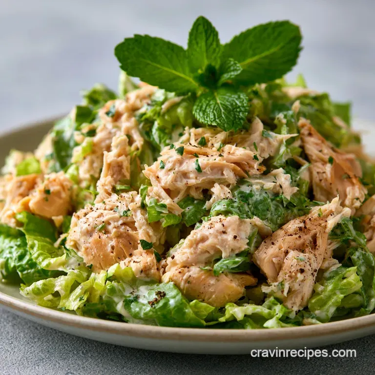 A chilled scoop of creamy chicken salad nestled on crisp butter lettuce with bright red cherry tomatoes.