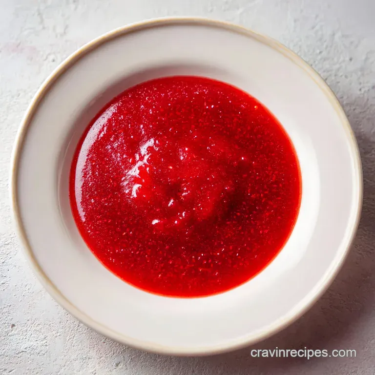 Elegant spoonful of ruby-red strawberry puree cascading onto a pristine white plate. Notice the subtle sheen and delicate,...