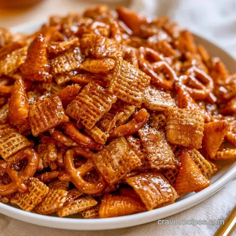 A heap of savory toasted cereal, pretzels, and dried berries spilled from a white bowl onto a beige linen cloth.