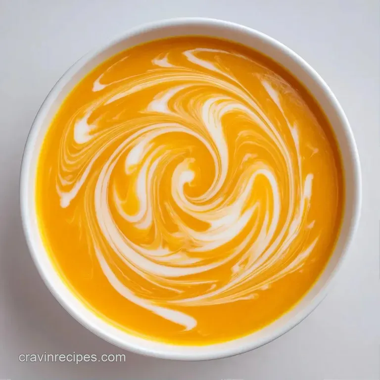 Vibrant orange puree in a matte white bowl topped with toasted pepitas and a drizzle of golden olive oil.