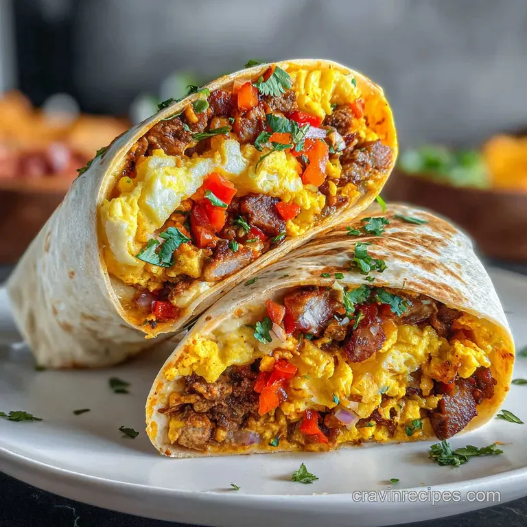 Breakfast burrito cut open revealing scrambled eggs, melted cheese, and savory sausage, plated with vibrant pico de gallo.