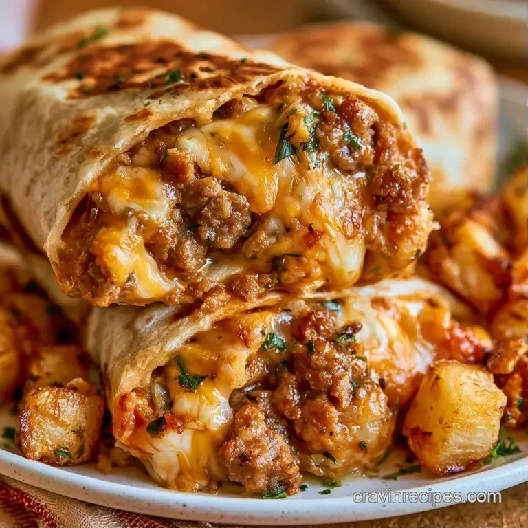 Sliced toasted wraps revealing colorful layers of scrambled eggs, melted cheddar, and crispy browned potatoes.