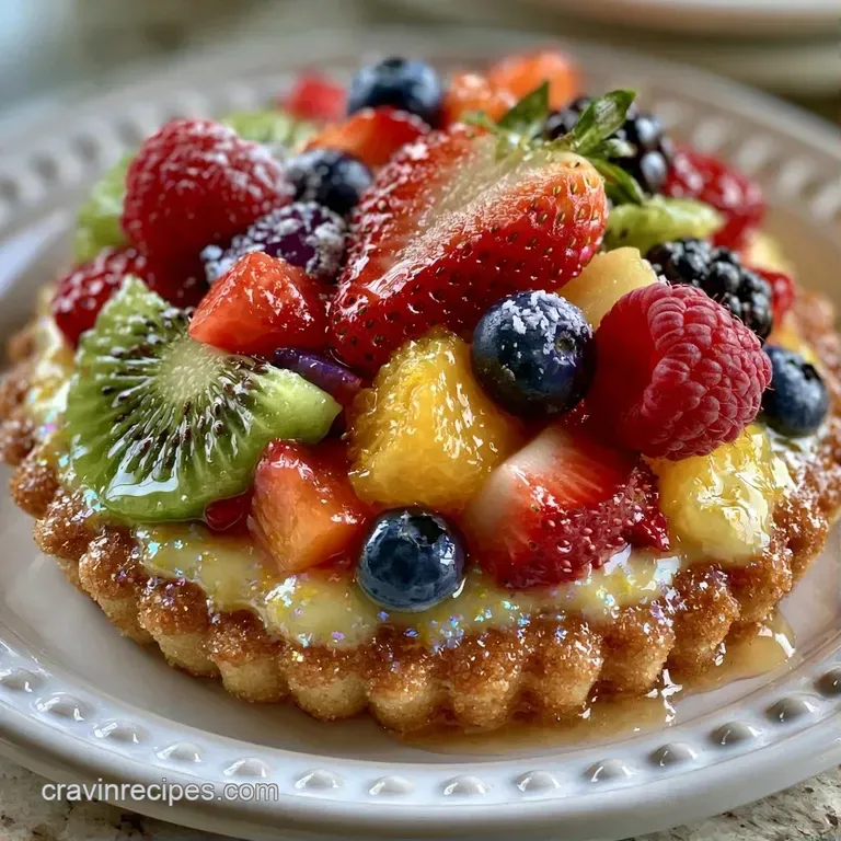 Sliced fruit tart on a white platter, topped with a shimmering citrus glaze and a colorful array of fresh berries.