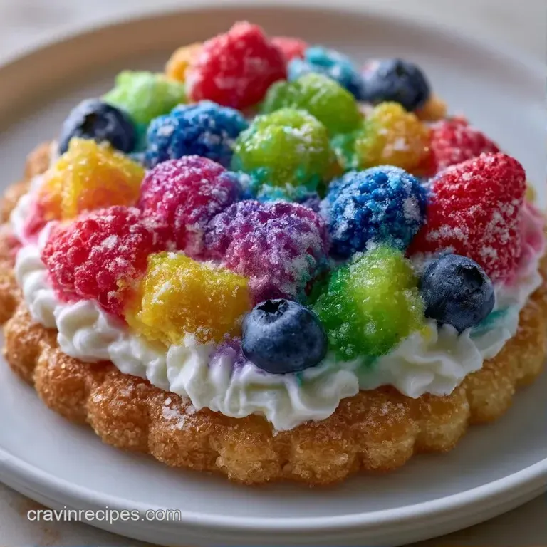 Sliced wedges of a colorful dessert on a marble platter, topped with glossy fruit and a swirl of white cream.