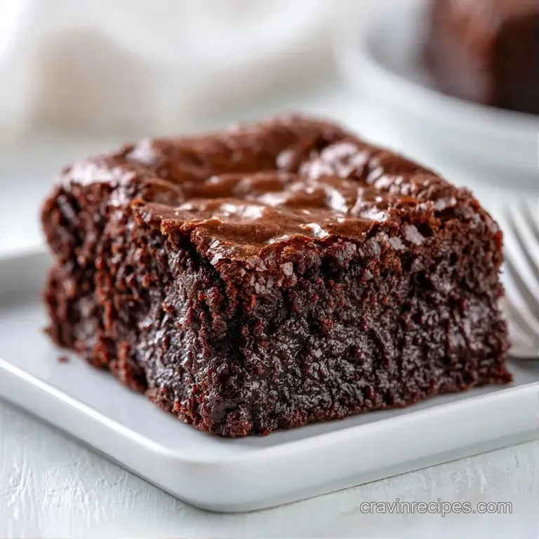 A neat stack of moist chocolate squares on a white ceramic plate, garnished with a sprig of mint and raspberries.