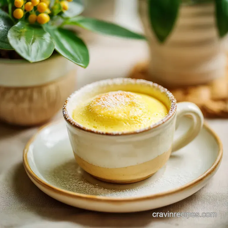 A delicate, unmolded custard with a glossy sheen sits atop a white saucer, garnished with a mint leaf.