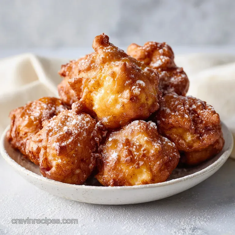 Stack of golden-brown apple fritters drizzled with glaze, garnished with a dusting of sugar and fresh apple slices.