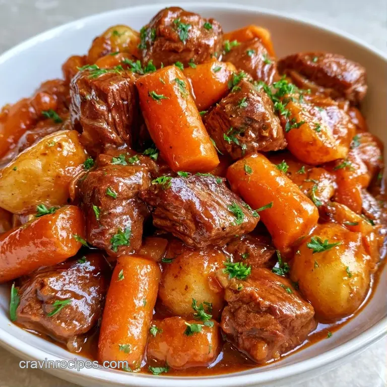 A white ceramic bowl of chunky beef and orange carrots topped with fresh parsley next to a rustic cloth napkin.