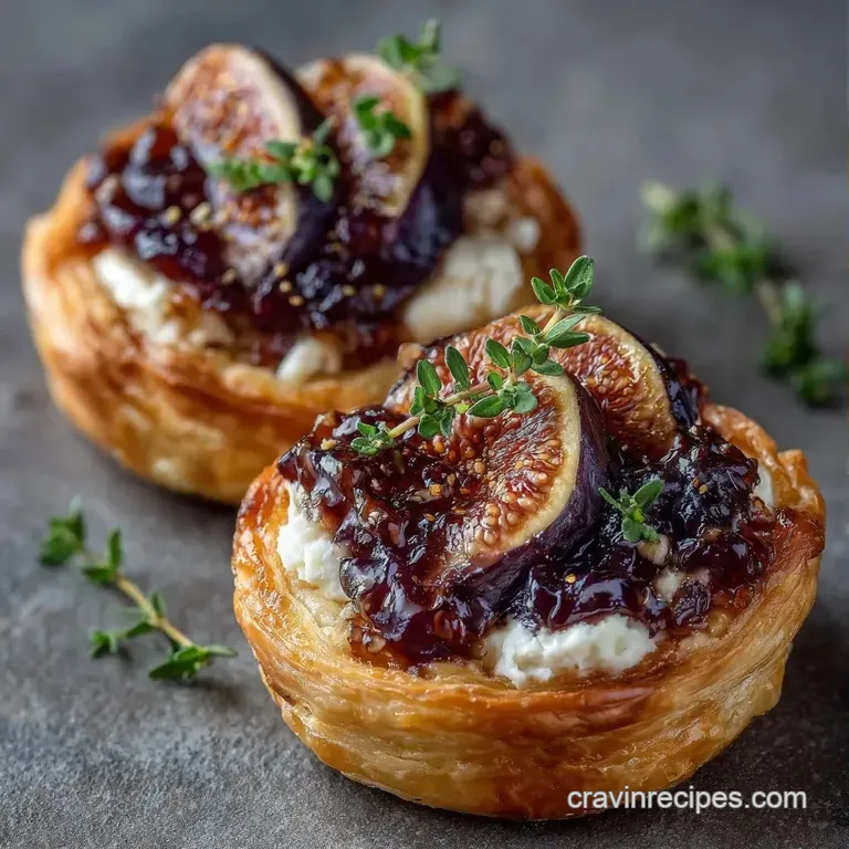 Three golden-brown pastry squares on a white marble platter, garnished with fresh herbs and a light honey drizzle.