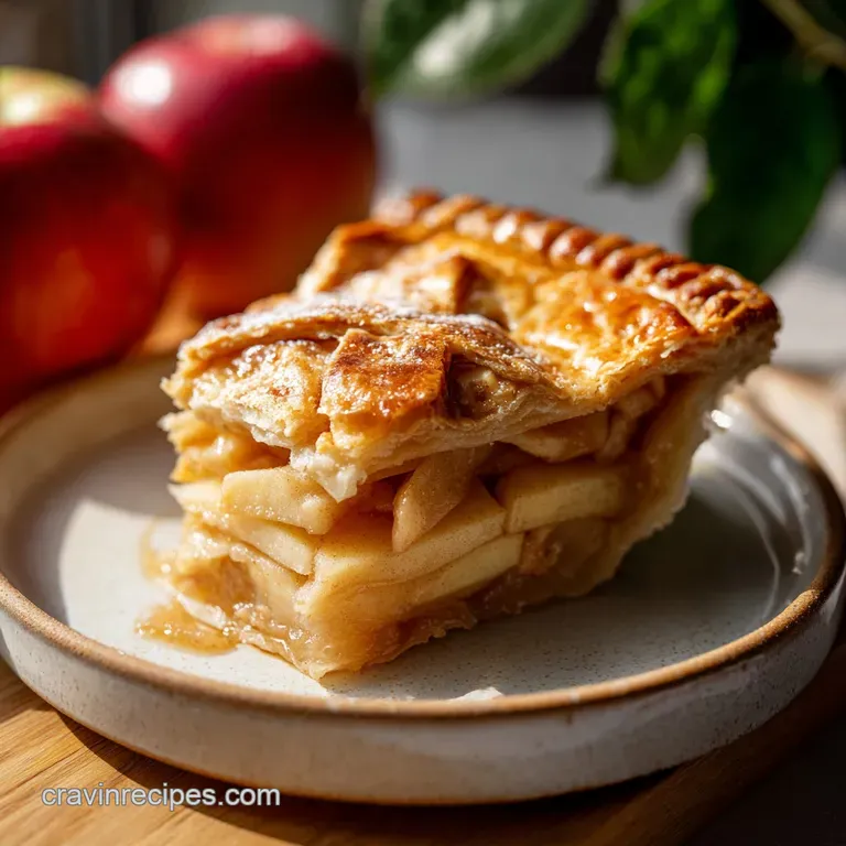 A slice of warm apple pie with tender fruit filling, artfully placed with a dollop of cream.