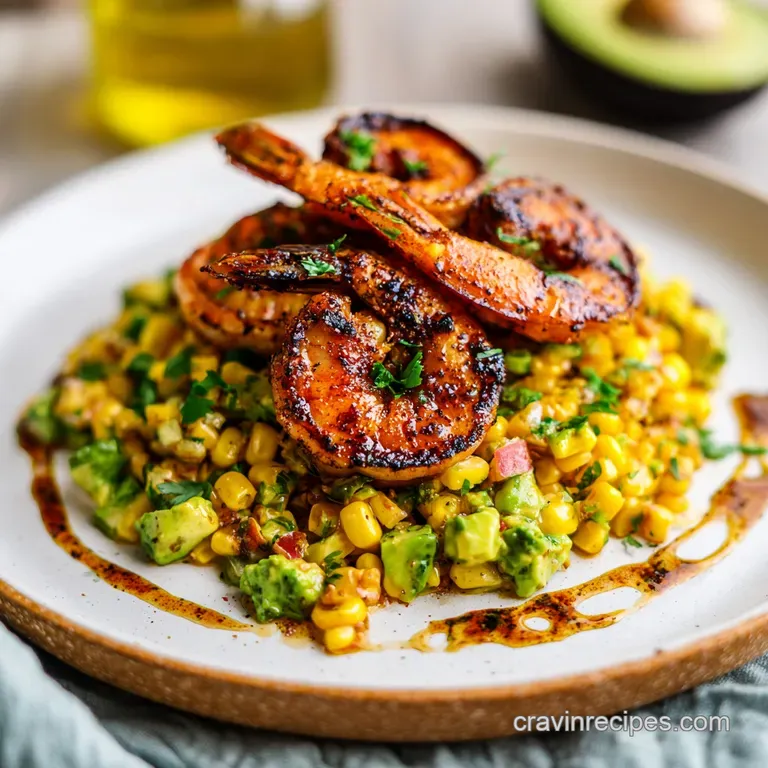 Vibrant bowl with neat sections of golden corn, black beans, creamy avocado, and seared shrimp on a white ceramic plate.