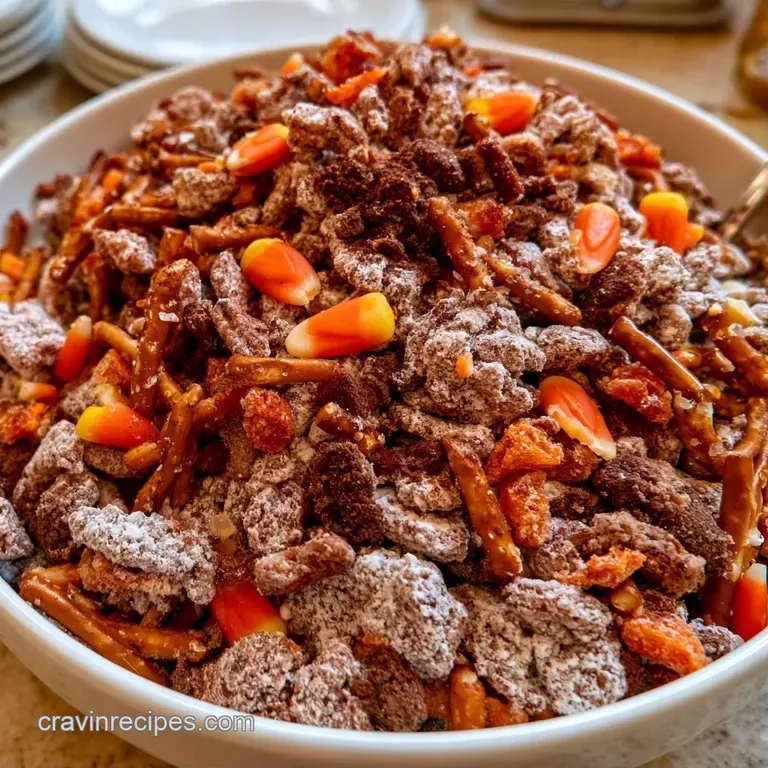 A white ceramic bowl filled with sugar-dusted cereal clusters, accented by vibrant orange and purple candy accents.