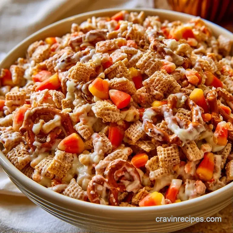 Vibrant orange and purple cereal squares mixed with pretzels, artfully piled on a modern white ceramic serving tray.