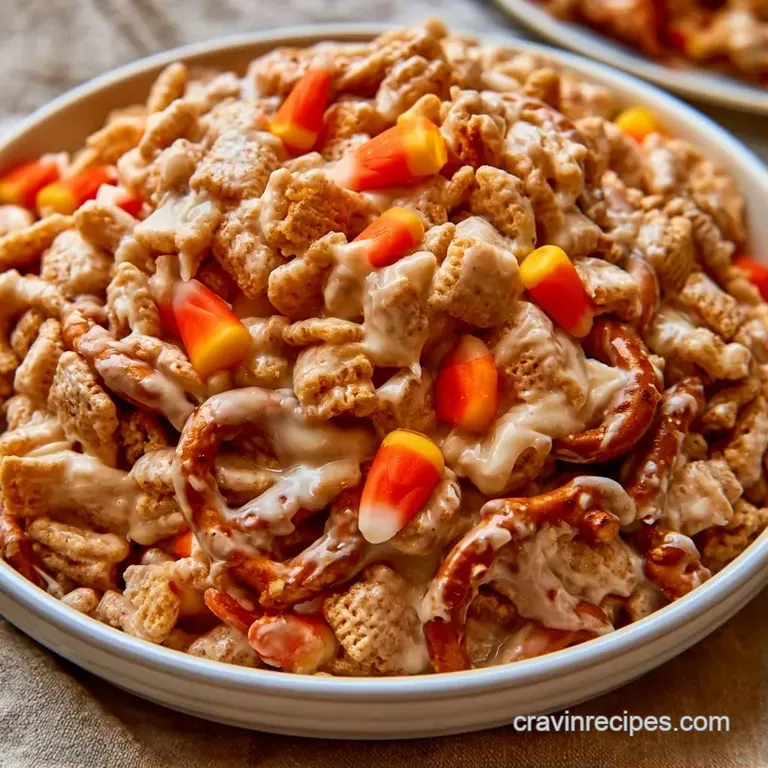 Creamy white chocolate coated cereal clusters piled high in a glass bowl with vibrant orange and purple accents.