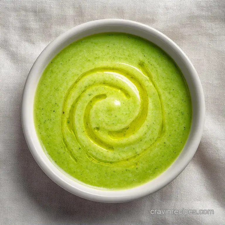 Velvety emerald green soup in a ceramic bowl, garnished with a crisp broccoli floret and a swirl of heavy cream.