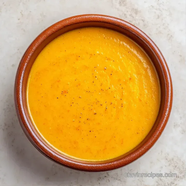 A sleek white bowl filled with creamy golden soup, garnished with a swirl of coconut cream and a pinch of paprika.