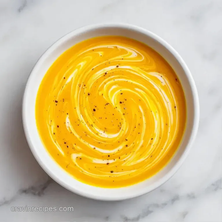 A smooth, golden-orange puree in a matte grey bowl topped with a drizzle of olive oil and toasted pumpkin seeds.