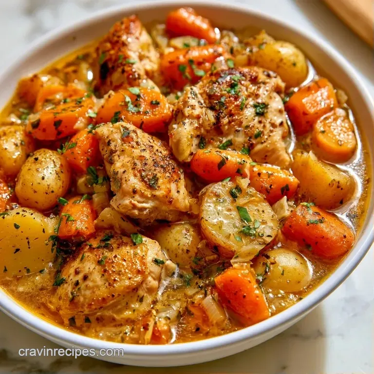 A neatly sliced chicken breast atop a medley of glazed carrots and potatoes, garnished with a sprig of fresh parsley.
