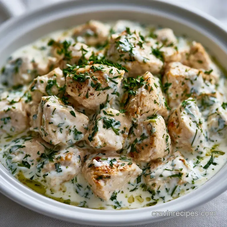 A crisp heap of creamy chicken salad in a white bowl, garnished with a fresh lemon wedge and bright green parsley.