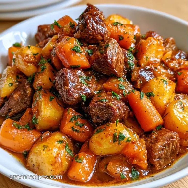 Steaming beef stew in a white ceramic bowl topped with fresh parsley, served beside a slice of toasted sourdough.