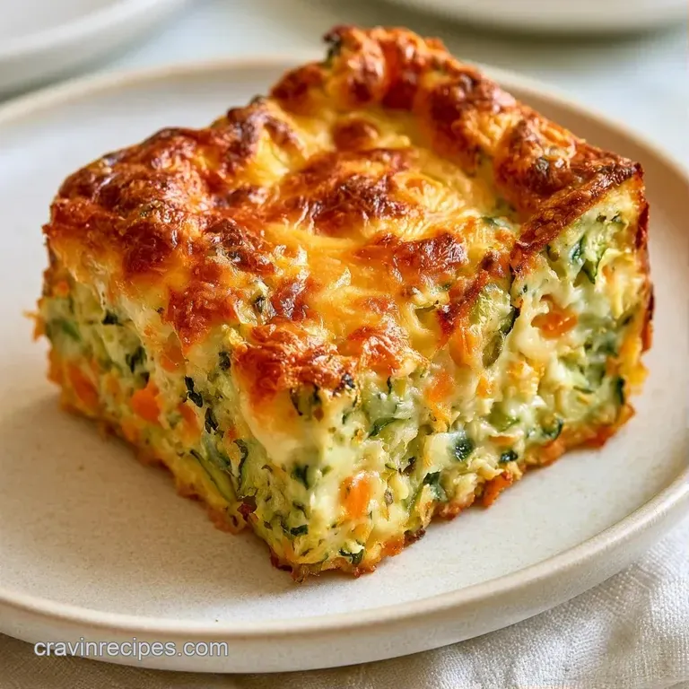 A thick square of savory vegetable bake on a white plate, paired with a crisp side of garden fresh salad.