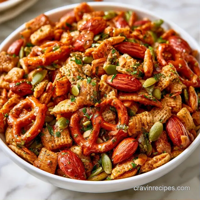 A stylish white platter showcasing golden savory cereal mix and twisted pretzels with a dusting of green herbs.