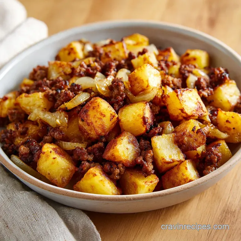 Neatly plated browned beef chunks and tender gold potatoes garnished with chopped parsley on a white ceramic plate.