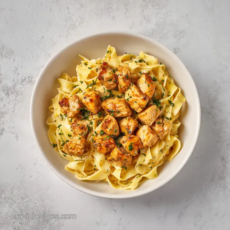 Elegant white bowl of creamy pasta topped with shaved parmesan curls and a sprinkle of vibrant green herbs.
