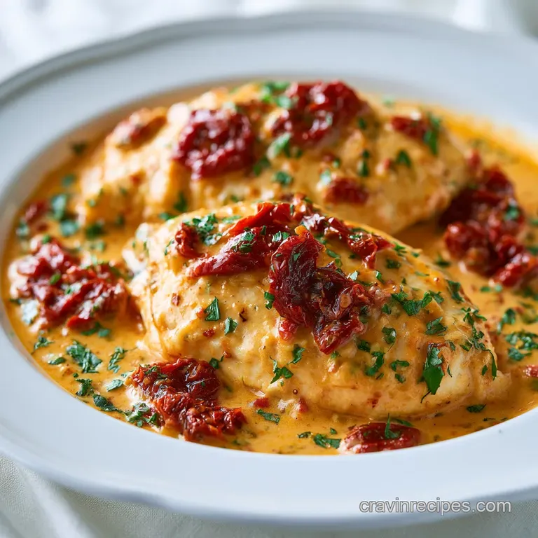 Golden chicken breasts nestled in a rich, creamy orange sauce on a white plate with a sprinkle of chopped herbs.