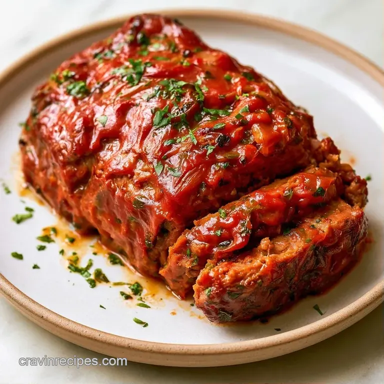 A thick slice of savory browned meat on a white plate, topped with a rich, glossy red glaze and light steam.