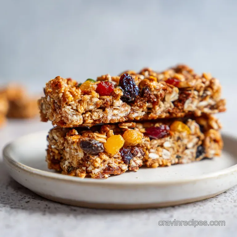 Neatly stacked homemade granola bars. Close-up showcases the chewy texture and variety of ingredients against a bright bac...