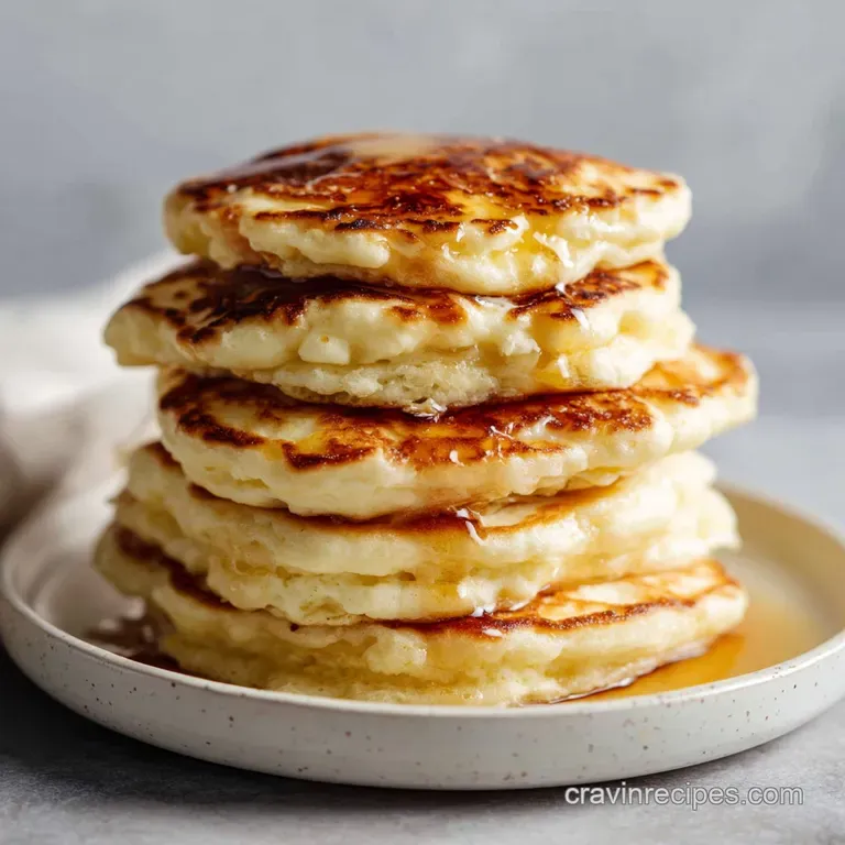 Fluffy pancake stack on a patterned plate with fresh berries and a dusting of powdered sugar; syrup pitcher in the backgro...