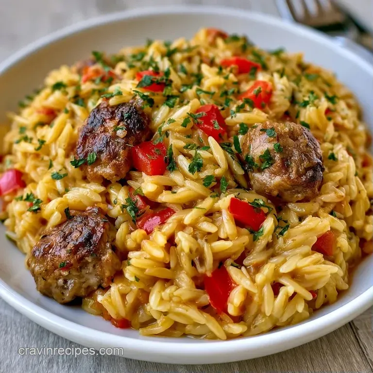 Creamy pasta and seared sausage coins plated on white ceramic, garnished with a sprinkle of fresh green parsley.