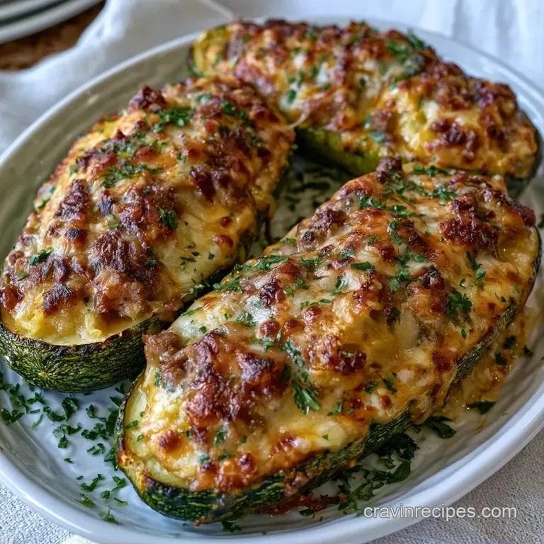 Two roasted green squash boats filled with seasoned meat on a white ceramic plate with a side of vibrant salad.