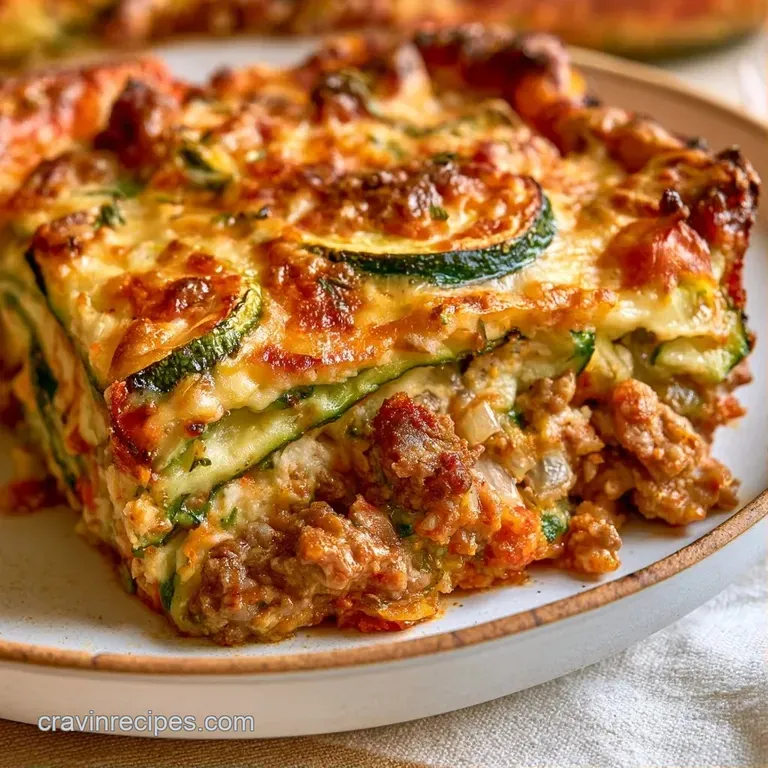 A square slice of cheesy vegetable bake with layers of green zucchini and savory beef on a white ceramic plate.